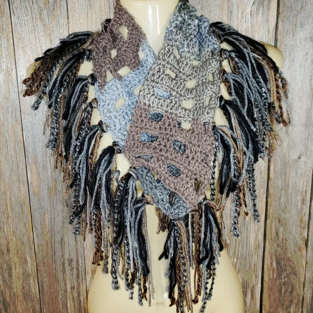 NEW Hand Crochet Gray Taupe Black Cowl Scarf‎ Boho Fringe Hippie Fairy Grunge